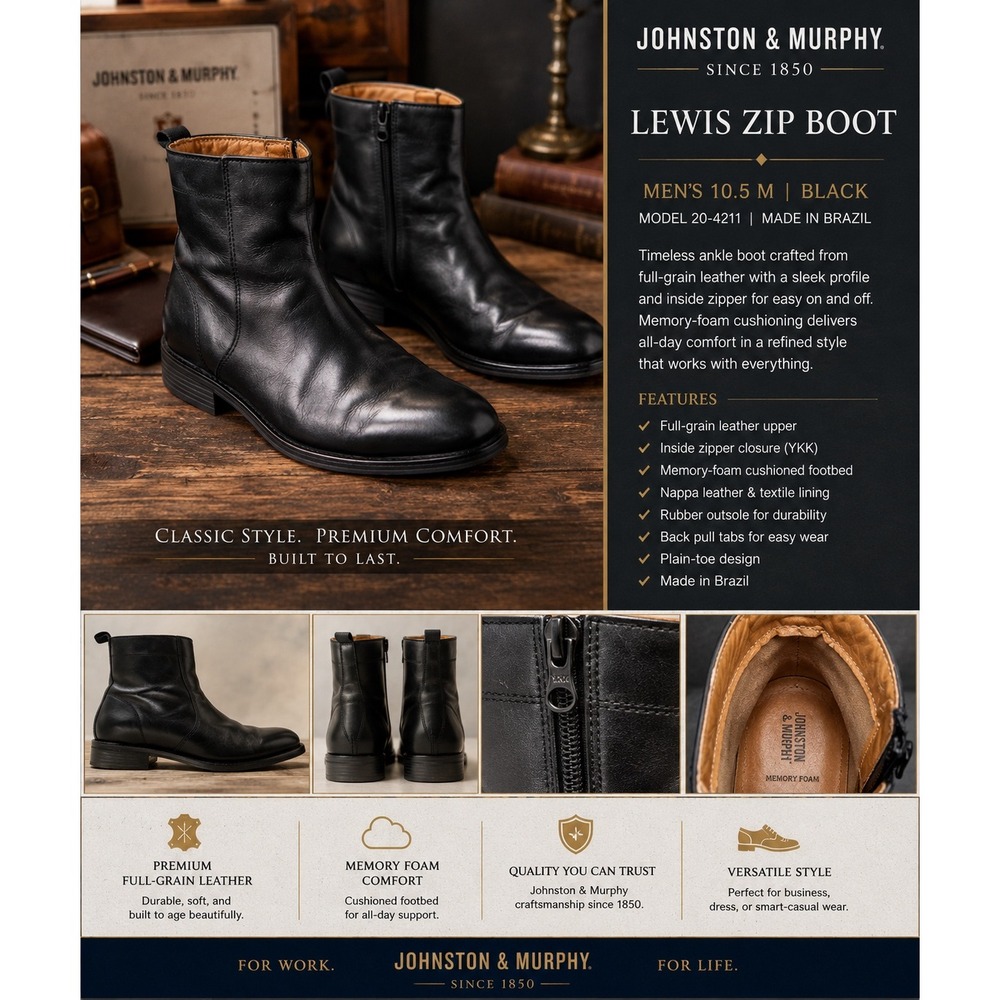 Johnston & Murphy Mens Black Leather Side Zip Ankle Boots 20-4211 Size 10.5 M